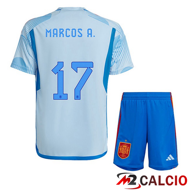 Maglie Calcio Personalizzate,Tute Calcio Squadre,Maglia Nazionale Italiana Calcio | Maglie Calcio Spagna (MARCOS A. 17) Bambino Seconda Blu Bianco Coppa Del Mondo 2022