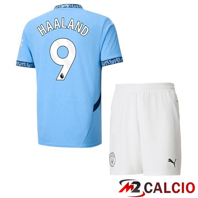 Maglie Calcio Personalizzate,Tute Calcio Squadre,Maglia Nazionale Italiana Calcio | Maglie Calcio Manchester City (Erling Haaland 9) Bambino Prima Blu 2024/2025