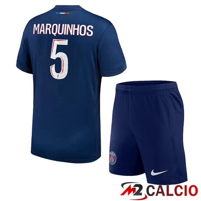 Maglie Calcio Personalizzate,Tute Calcio Squadre,Maglia Nazionale Italiana Calcio | Maglie Calcio Paris PSG (Marquinhos 5) Bambino Prima Blu Reale 2024/2025