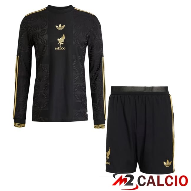 Maglie Calcio Personalizzate,Tute Calcio Squadre,Maglia Nazionale Italiana Calcio | Maglia Nazionale Messico Bambino Manica Lunga Nero Giallo 2025/2026