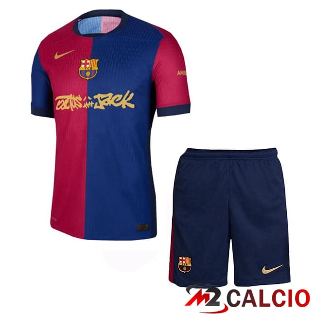 Maglie Calcio Personalizzate,Tute Calcio Squadre,Maglia Nazionale Italiana Calcio | Maglie Calcio FC Barcellona Bambino Prima Travis Scott Blu Reale Rosso 2024/2025