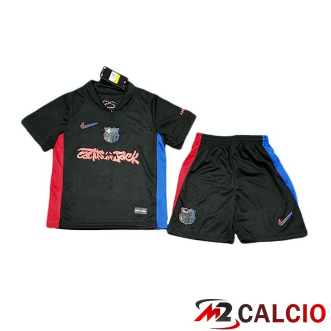 Maglie Calcio Personalizzate,Tute Calcio Squadre,Maglia Nazionale Italiana Calcio | Maglie Calcio FC Barcellona Bambino Seconda Travis Scott Nero 2024/2025