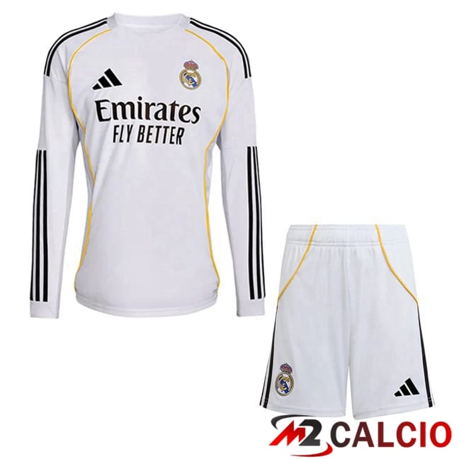 Maglie Calcio Personalizzate,Tute Calcio Squadre,Maglia Nazionale Italiana Calcio | Maglie Calcio Real Madrid Bambino Prima Manica Lunga Bianco 2025/2026
