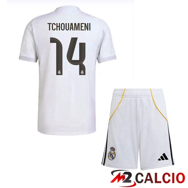 Maglie Calcio Personalizzate,Tute Calcio Squadre,Maglia Nazionale Italiana Calcio | Maglie Calcio Real Madrid (Tchouameni 14) Bambino Prima Bianco 2025/2026