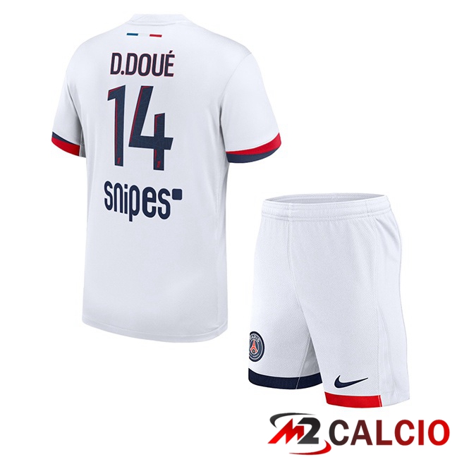Maglie Calcio Personalizzate,Tute Calcio Squadre,Maglia Nazionale Italiana Calcio | Maglie Calcio Paris PSG (D. Doué 14) Bambino Seconda Bianco 2025/2026