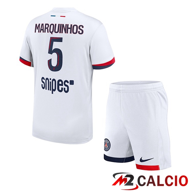 Maglie Calcio Personalizzate,Tute Calcio Squadre,Maglia Nazionale Italiana Calcio | Maglie Calcio Paris PSG (Marquinhos 5) Bambino Seconda Bianco 2025/2026