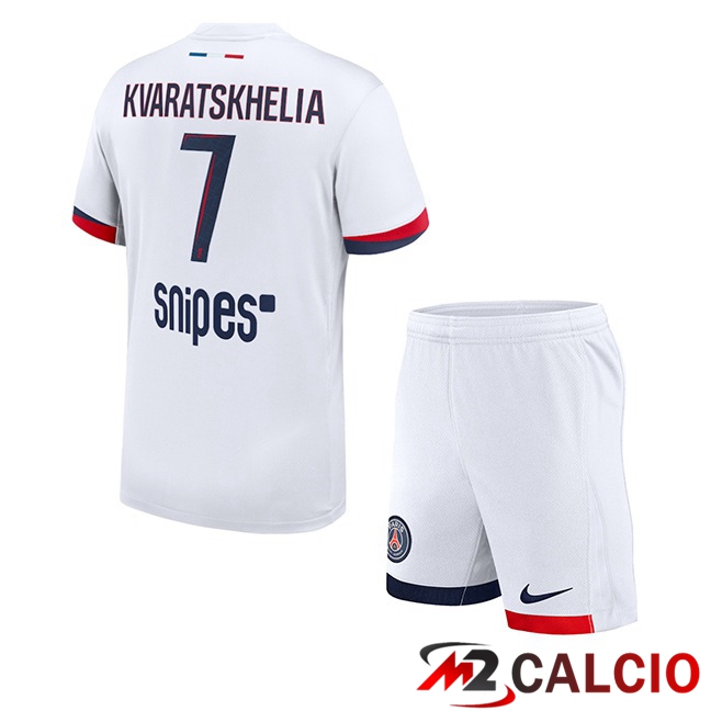 Maglie Calcio Personalizzate,Tute Calcio Squadre,Maglia Nazionale Italiana Calcio | Maglie Calcio Paris PSG (Kvaratskhelia 7) Bambino Seconda Bianco 2025/2026