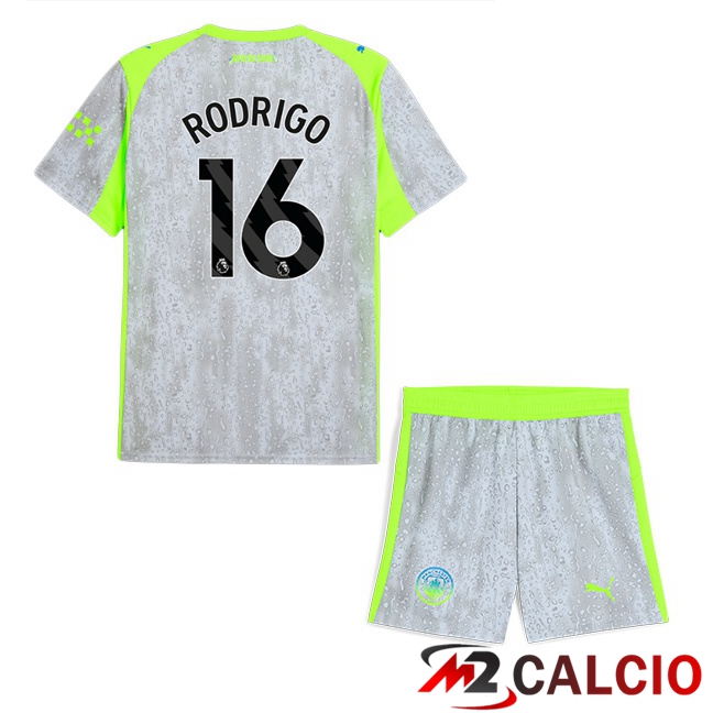 Maglie Calcio Personalizzate,Tute Calcio Squadre,Maglia Nazionale Italiana Calcio | Maglie Calcio Manchester City (Rodrigo 16) Bambino Terza Grigio Verde 2025/2026