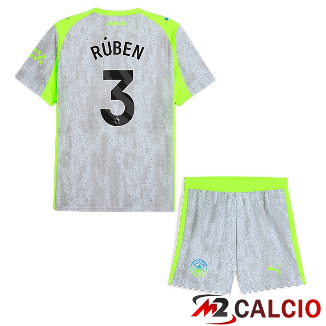 Maglie Calcio Personalizzate,Tute Calcio Squadre,Maglia Nazionale Italiana Calcio | Maglie Calcio Manchester City (Ruben Dias 3) Bambino Terza Grigio Verde 2025/2026