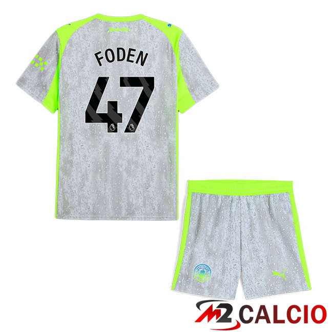 Maglie Calcio Personalizzate,Tute Calcio Squadre,Maglia Nazionale Italiana Calcio | Maglie Calcio Manchester City (Phil Foden 47) Bambino Terza Grigio Verde 2025/2026