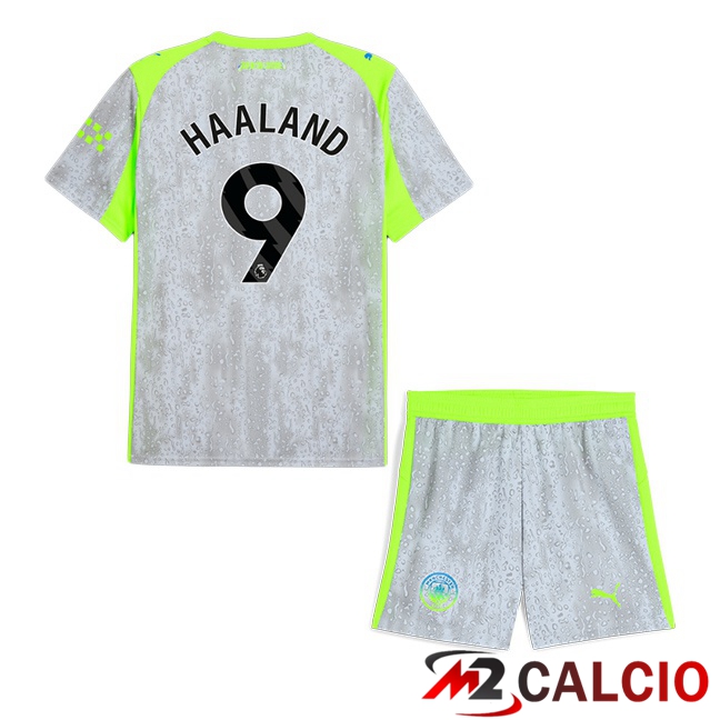 Maglie Calcio Personalizzate,Tute Calcio Squadre,Maglia Nazionale Italiana Calcio | Maglie Calcio Manchester City (Erling Haaland 9) Bambino Terza Grigio Verde 2025/2026