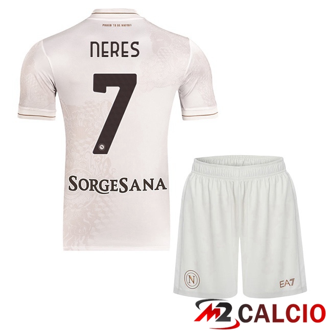 Maglie Calcio Personalizzate,Tute Calcio Squadre,Maglia Nazionale Italiana Calcio | Maglie Calcio SSC Napoli (David Neres 7) Bambino Seconda Bianco 2025/2026