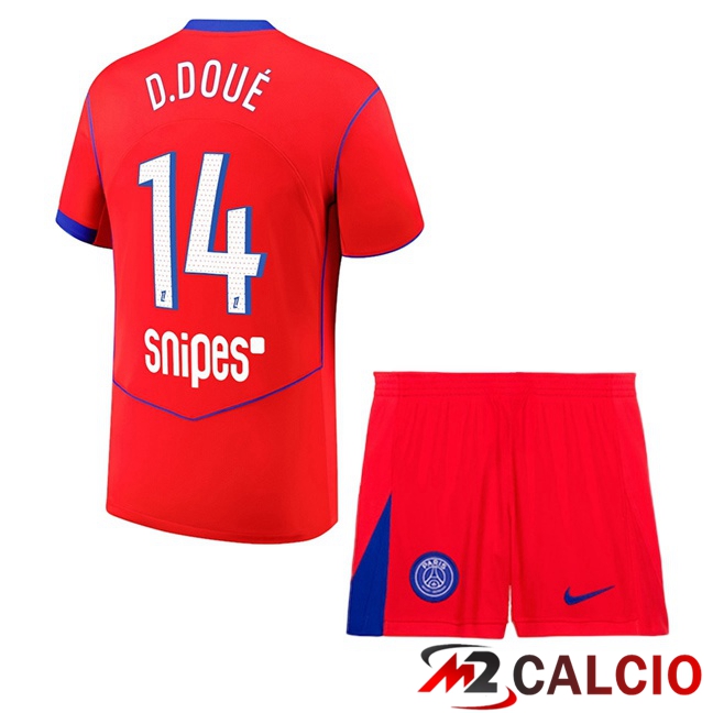 Maglie Calcio Personalizzate,Tute Calcio Squadre,Maglia Nazionale Italiana Calcio | Maglie Calcio Paris PSG (D. Doué 14) Bambino Terza Rosso 2025/2026