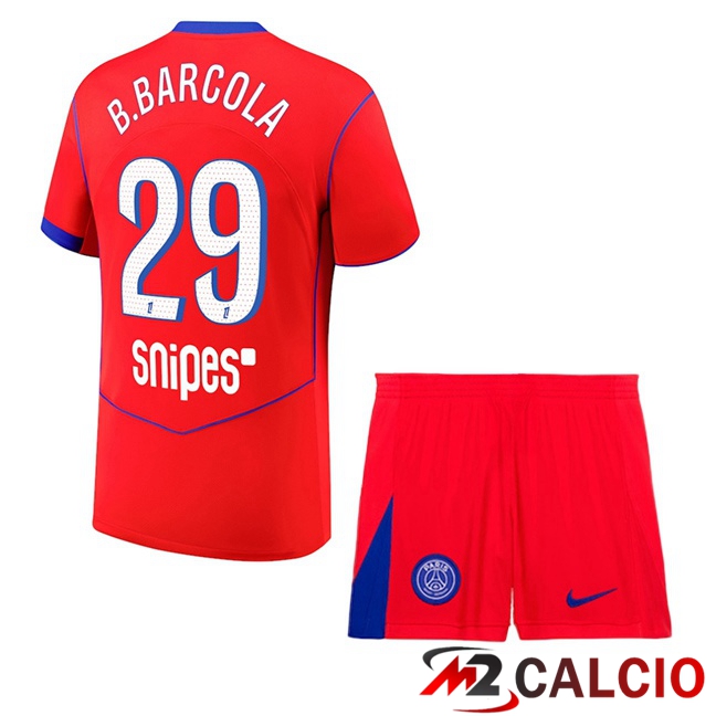 Maglie Calcio Personalizzate,Tute Calcio Squadre,Maglia Nazionale Italiana Calcio | Maglie Calcio Paris PSG (B.Barcola 29) Bambino Terza Rosso 2025/2026