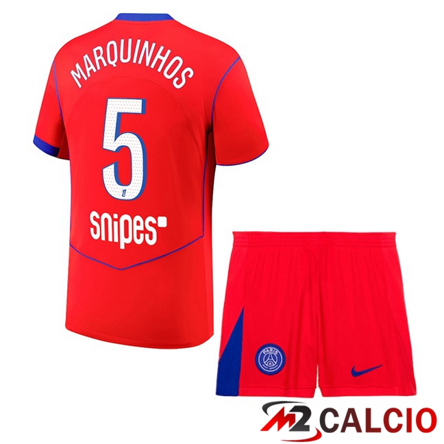 Maglie Calcio Personalizzate,Tute Calcio Squadre,Maglia Nazionale Italiana Calcio | Maglie Calcio Paris PSG (Marquinhos 5) Bambino Terza Rosso 2025/2026