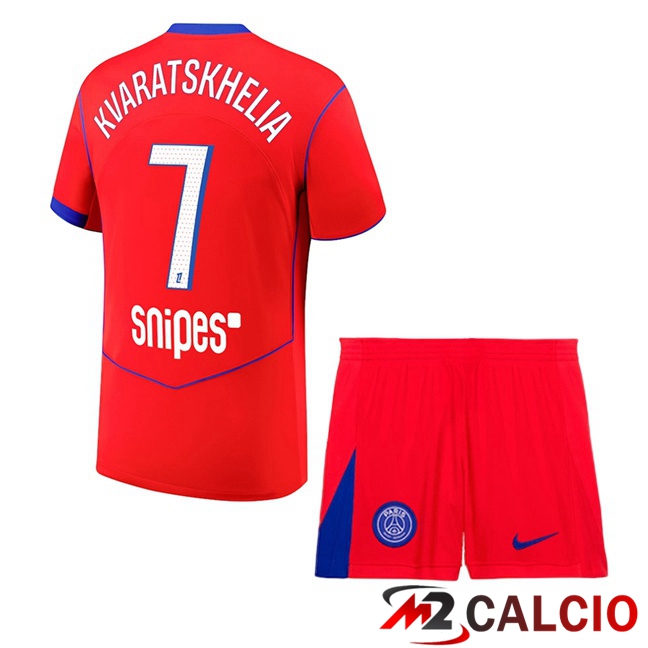 Maglie Calcio Personalizzate,Tute Calcio Squadre,Maglia Nazionale Italiana Calcio | Maglie Calcio Paris PSG (Kvaratskhelia 7) Bambino Terza Rosso 2025/2026