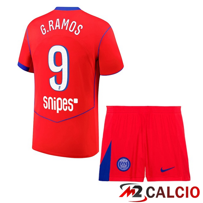 Maglie Calcio Personalizzate,Tute Calcio Squadre,Maglia Nazionale Italiana Calcio | Maglie Calcio Paris PSG (G. Ramos 9) Bambino Terza Rosso 2025/2026