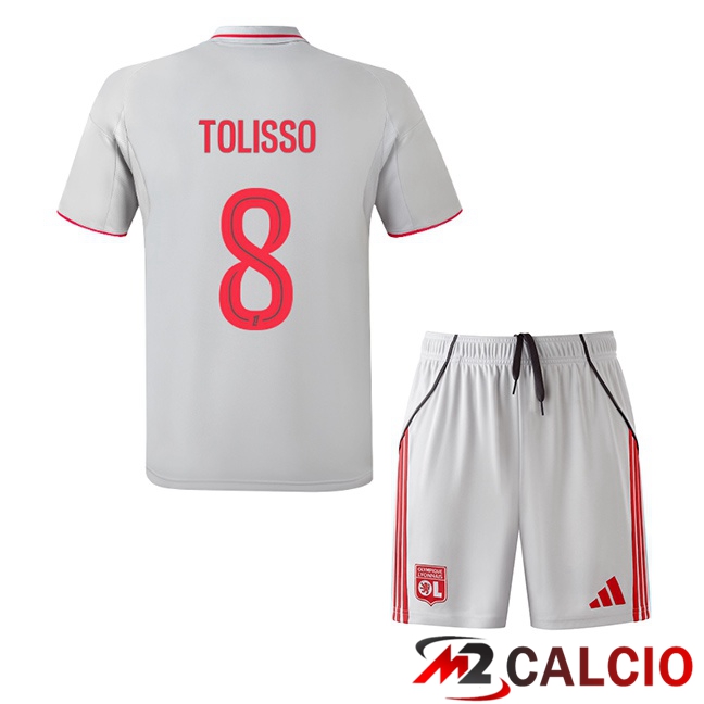 Maglie Calcio Personalizzate,Tute Calcio Squadre,Maglia Nazionale Italiana Calcio | Maglie Calcio Lione OL (TOLISSO 8) Bambino Terza Grigio 2025/2026