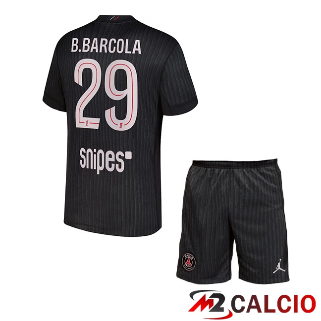 Maglie Calcio Personalizzate,Tute Calcio Squadre,Maglia Nazionale Italiana Calcio | Maglie Calcio Paris PSG (B.Barcola 29) Bambino Quarto Nero 2025/2026