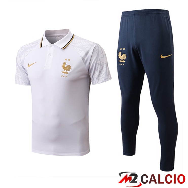 Maglie Calcio Personalizzate,Tute Calcio Squadre,Maglia Nazionale Italiana Calcio | Kit Maglia Polo Francia + Pantaloni Bianco 2022/2023