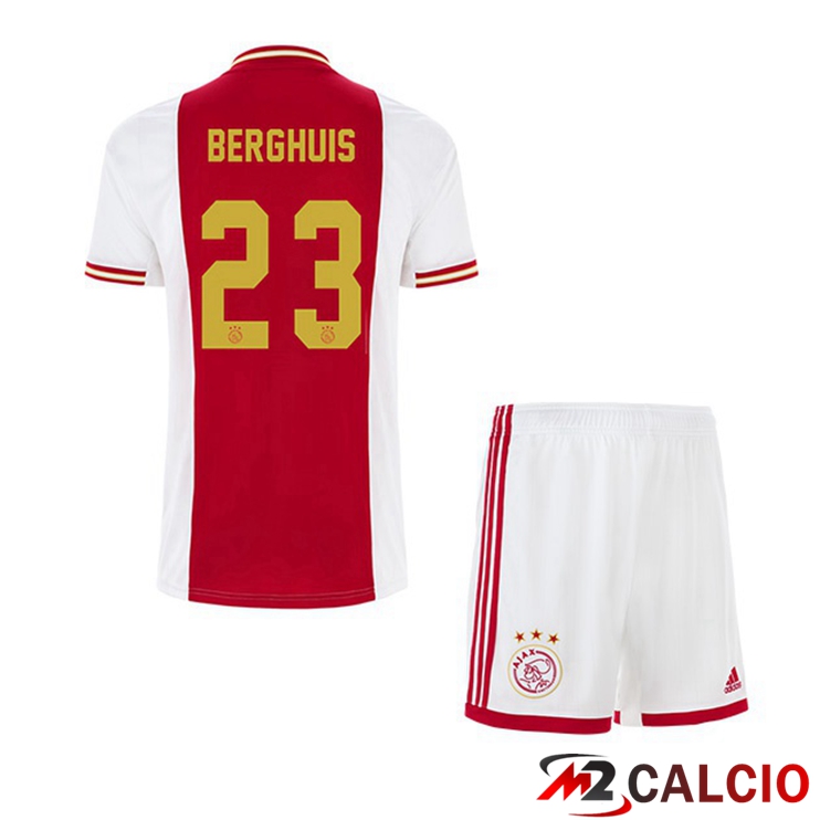 Maglie Calcio Personalizzate,Tute Calcio Squadre,Maglia Nazionale Italiana Calcio | Maglie Calcio AFC Ajax (Berghuis 23) Bambino Prima Bianco Rosso 2022/2023