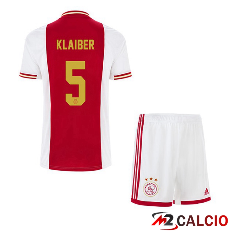 Maglie Calcio Personalizzate,Tute Calcio Squadre,Maglia Nazionale Italiana Calcio | Maglie Calcio AFC Ajax (Klaiber 5) Bambino Prima Bianco Rosso 2022/2023