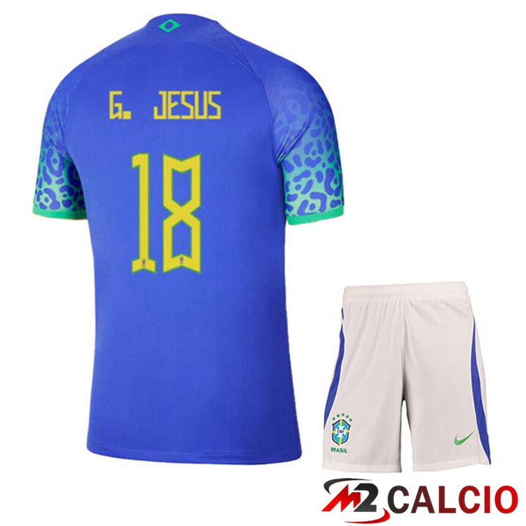 Maglie Calcio Personalizzate,Tute Calcio Squadre,Maglia Nazionale Italiana Calcio | Maglie Calcio Brasile (G. JESUS 18) Bambino Seconda Blu Coppa Del Mondo 2022