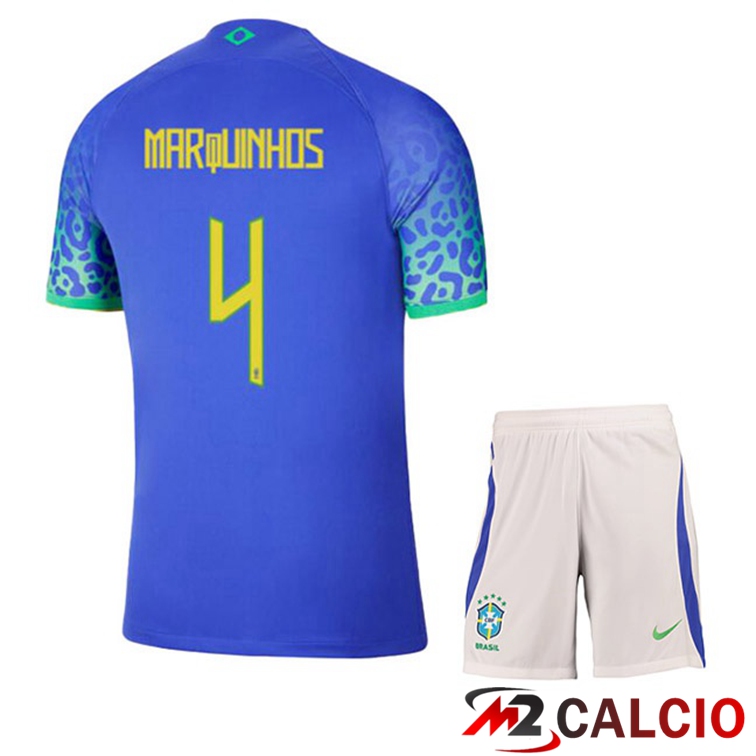 Maglie Calcio Personalizzate,Tute Calcio Squadre,Maglia Nazionale Italiana Calcio | Maglie Calcio Brasile (MARQUINHOS 4) Bambino Seconda Blu Coppa Del Mondo 2022