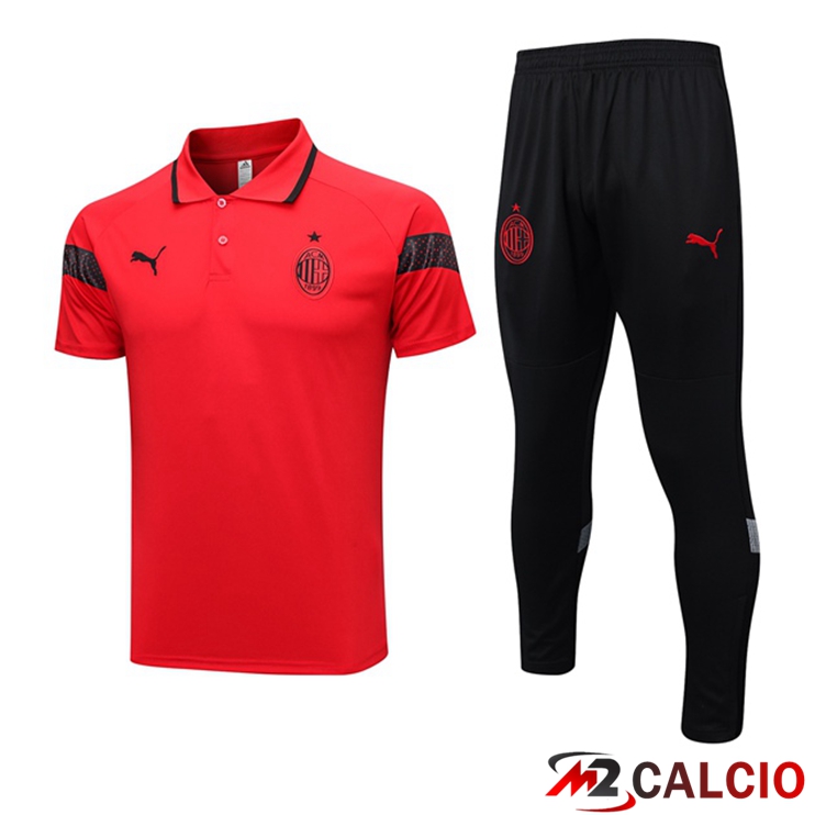 Maglie Calcio Personalizzate,Tute Calcio Squadre,Maglia Nazionale Italiana Calcio | Maglia Polo AC Milan + Pantaloni Rosso 2023/2024
