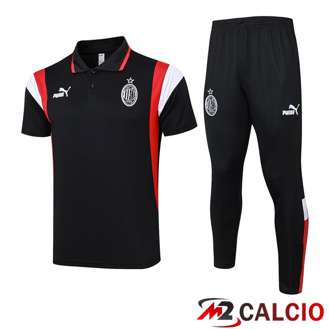 Maglie Calcio Personalizzate,Tute Calcio Squadre,Maglia Nazionale Italiana Calcio | Kit Maglia Polo AC Milan + Pantaloni Nero 2023/2024