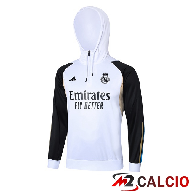 Maglie Calcio Personalizzate,Tute Calcio Squadre,Maglia Nazionale Italiana Calcio | Felpa Allenamento Con Cappuccio Real Madrid Bianco 2023/2024
