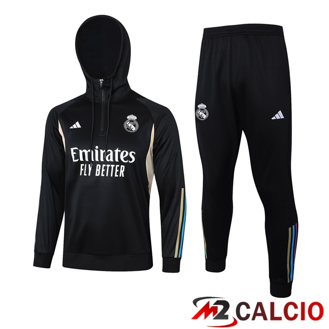 Maglie Calcio Personalizzate,Tute Calcio Squadre,Maglia Nazionale Italiana Calcio | Insieme Tuta Calcio Con Cappuccio Real Madrid Nero 2023/2024