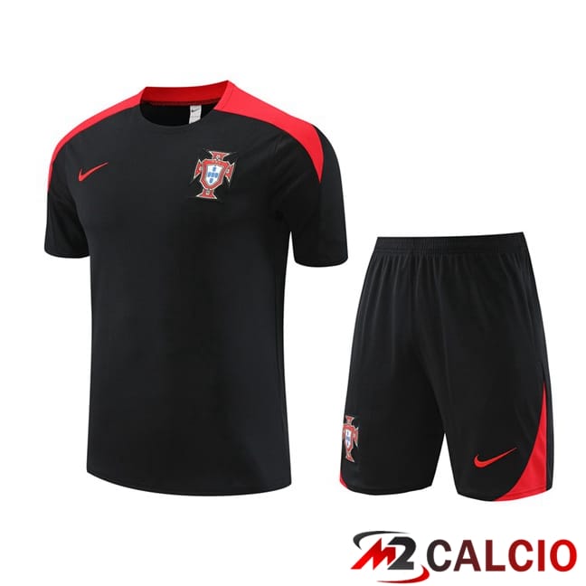 Maglie Calcio Personalizzate,Tute Calcio Squadre,Maglia Nazionale Italiana Calcio | Insieme T Shirt Allenamento Portogallo + Pantaloncini Nero 2024/2025