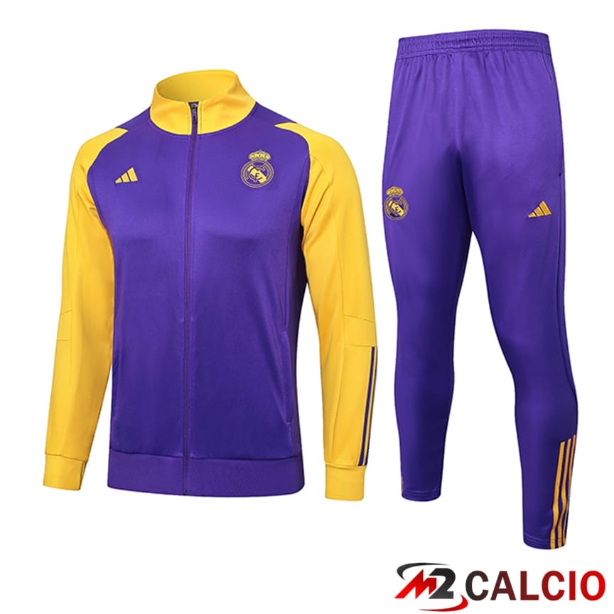 Maglie Calcio Personalizzate,Tute Calcio Squadre,Maglia Nazionale Italiana Calcio | Insieme Tuta Calcio - Giacca Real Madrid Viola/Giallo 2024/2025