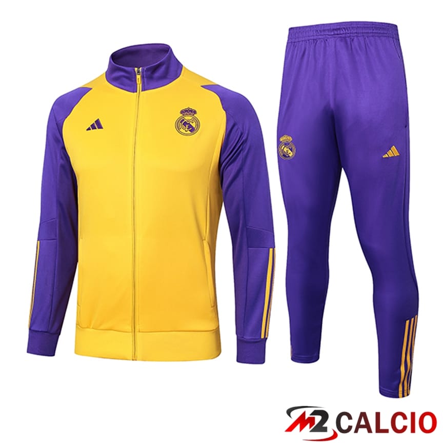 Maglie Calcio Personalizzate,Tute Calcio Squadre,Maglia Nazionale Italiana Calcio | Insieme Tuta Calcio - Giacca Real Madrid Giallo/Viola 2024/2025