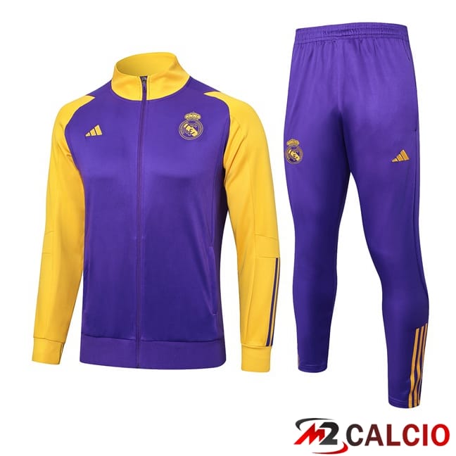 Maglie Calcio Personalizzate,Tute Calcio Squadre,Maglia Nazionale Italiana Calcio | Insieme Tuta Calcio - Giacca Real Madrid Viola Giallo 2024/2025