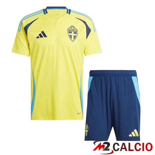 Maglie Calcio Personalizzate,Tute Calcio Squadre,Maglia Nazionale Italiana Calcio | Maglie Calcio Svezia Bambino Prima Giallo UEFA Euro 2024