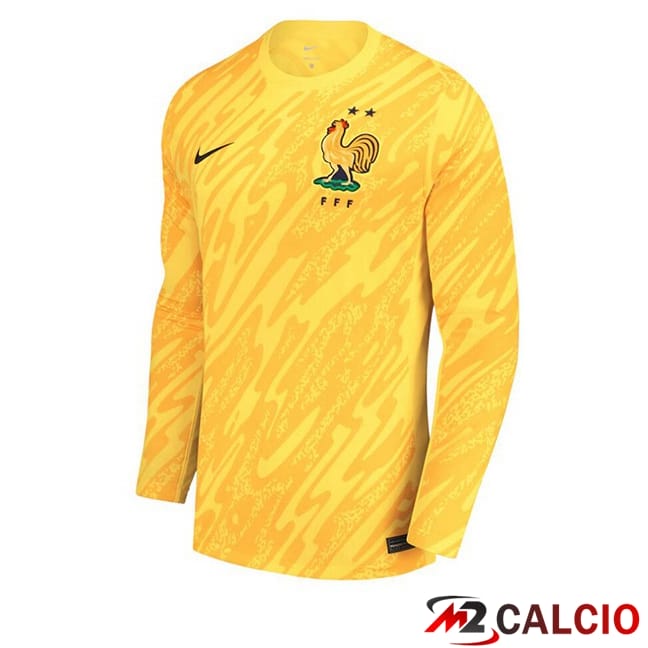 Maglie Calcio Personalizzate,Tute Calcio Squadre,Maglia Nazionale Italiana Calcio | Maglie Calcio Francia Portiere Manica Lunga Giallo UEFA Euro 2024