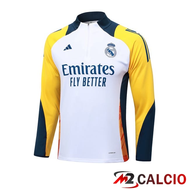 Maglie Calcio Personalizzate,Tute Calcio Squadre,Maglia Nazionale Italiana Calcio | Felpa Allenamento Real Madrid Bianco Giallo 2024/2025