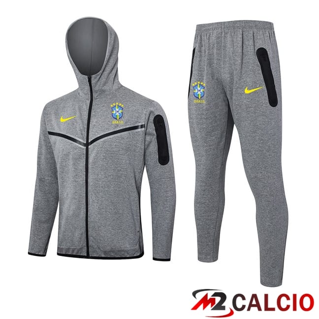 Maglie Calcio Personalizzate,Tute Calcio Squadre,Maglia Nazionale Italiana Calcio | Tuta Calcio - Felpa Con Cappuccio Brasile Grigio 2024/2025
