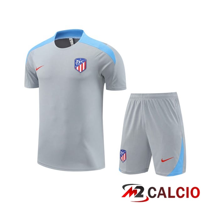 Maglie Calcio Personalizzate,Tute Calcio Squadre,Maglia Nazionale Italiana Calcio | Insieme T Shirt Allenamento Atletico Madrid + Pantaloncini Grigio 2024/2025