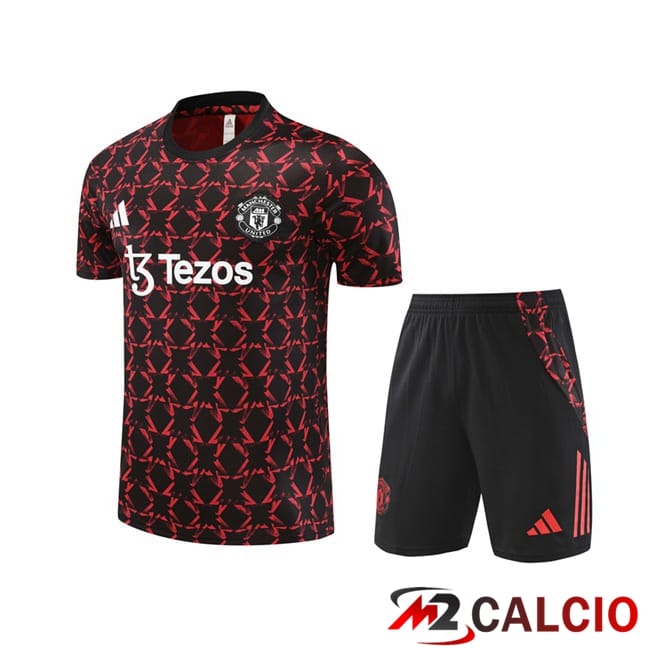 Insieme T Shirt Allenamento Manchester United + Pantaloncini Nero Rosso 2024/2025