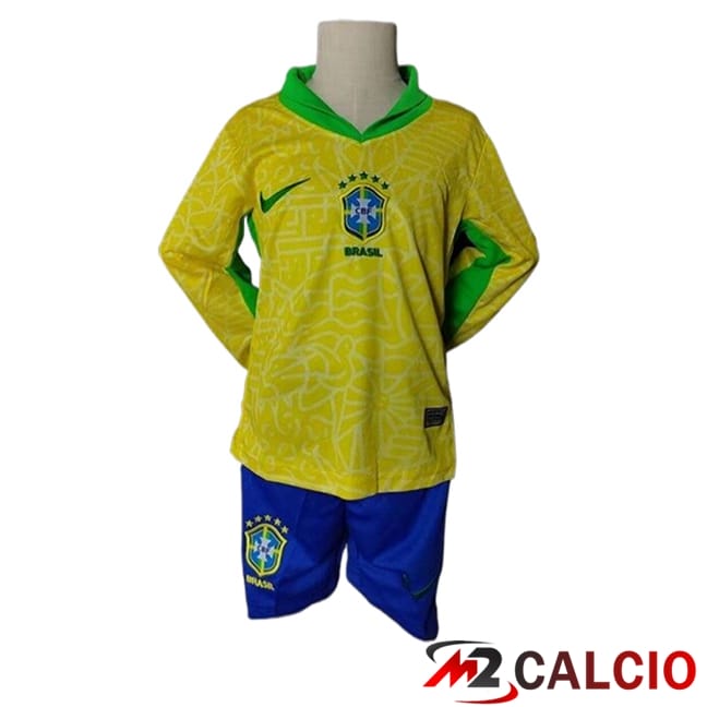 Maglie Calcio Personalizzate,Tute Calcio Squadre,Maglia Nazionale Italiana Calcio | Maglie Calcio Brasile Bambino Prima Manica Lunga 2024/2025