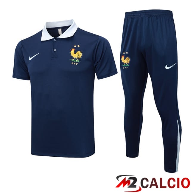 Maglie Calcio Personalizzate,Tute Calcio Squadre,Maglia Nazionale Italiana Calcio | Insieme Polo Francia + Pantaloni Blu Reale 2024/2025