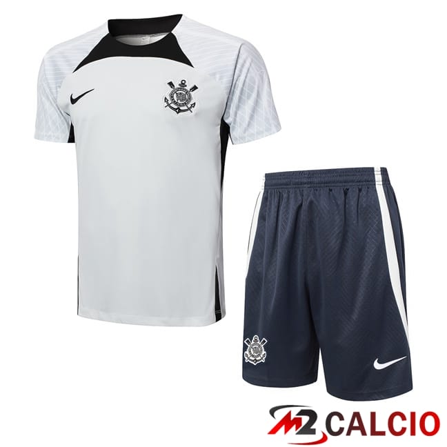 Maglie Calcio Personalizzate,Tute Calcio Squadre,Maglia Nazionale Italiana Calcio | Insieme T Shirt Allenamento Corinthians + Pantaloncini Grigio 2024/2025