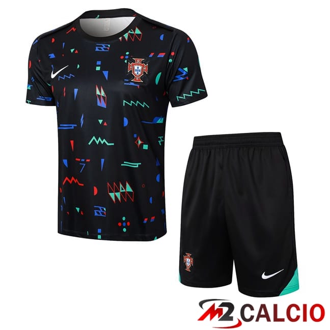 Maglie Calcio Personalizzate,Tute Calcio Squadre,Maglia Nazionale Italiana Calcio | Insieme T Shirt Allenamento Portogallo + Pantaloncini Nero 2024/2025