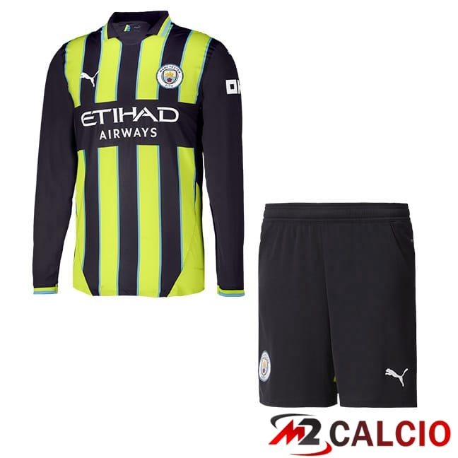 Maglie Calcio Personalizzate,Tute Calcio Squadre,Maglia Nazionale Italiana Calcio | Maglie Calcio Manchester City Bambino Seconda Manica Lunga Verde Nero 2024/2025