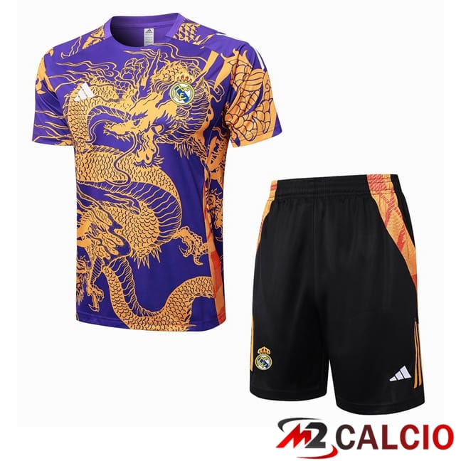 Insieme T Shirt Allenamento Real Madrid + Pantaloncini Viola Giallo 2024/2025
