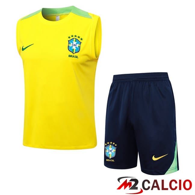 Maglie Calcio Personalizzate,Tute Calcio Squadre,Maglia Nazionale Italiana Calcio | Canotta Allenamento Brasile + Pantaloncini Giallo 2024/2025