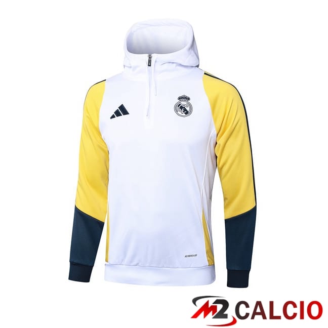 Maglie Calcio Personalizzate,Tute Calcio Squadre,Maglia Nazionale Italiana Calcio | Felpa Con Cappuccio Real Madrid Bianco Giallo 2024/2025